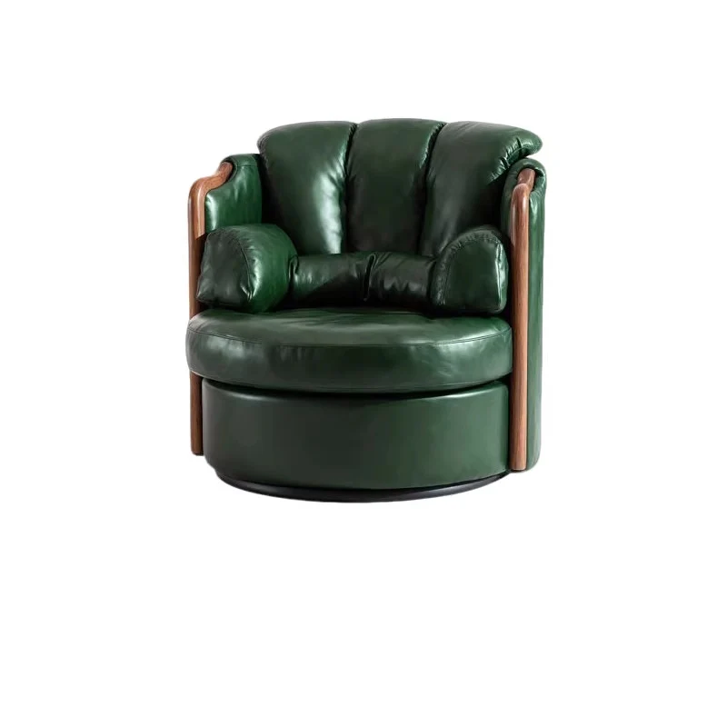 Contemporary Retro Solid Wood Iron Faux Nappa Leather Round Swivel Accent Chair For Living Room