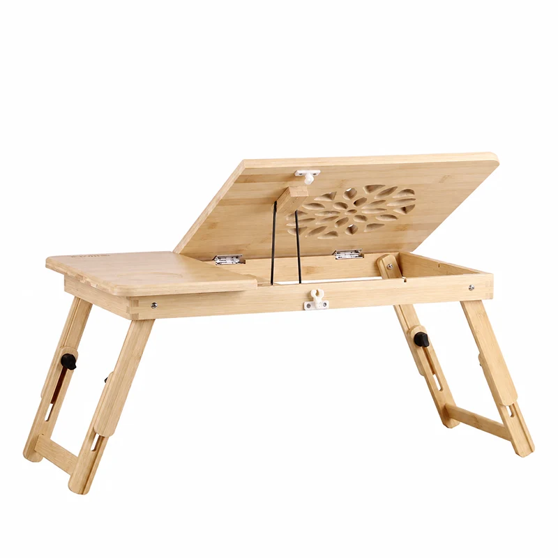 Contemporary Scandinavian Rectangular Bamboo Folding Laptop Desk With Adjustable Legs For Bedroom