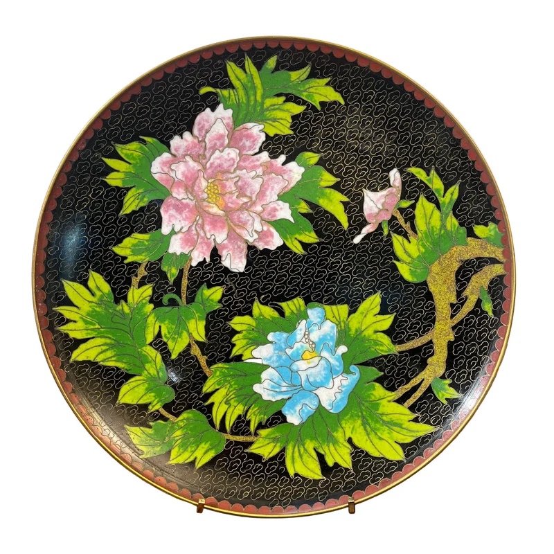 Plato decorativo chino esmalte champlevé negro con peonias