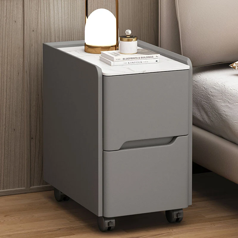 Contemporary Scandinavian Narrow Rectangular Rock Slab Pine Wood Plywood Cat Scratching Leather Hardware Movable Nightstand 2-Drawer For Bedroom
