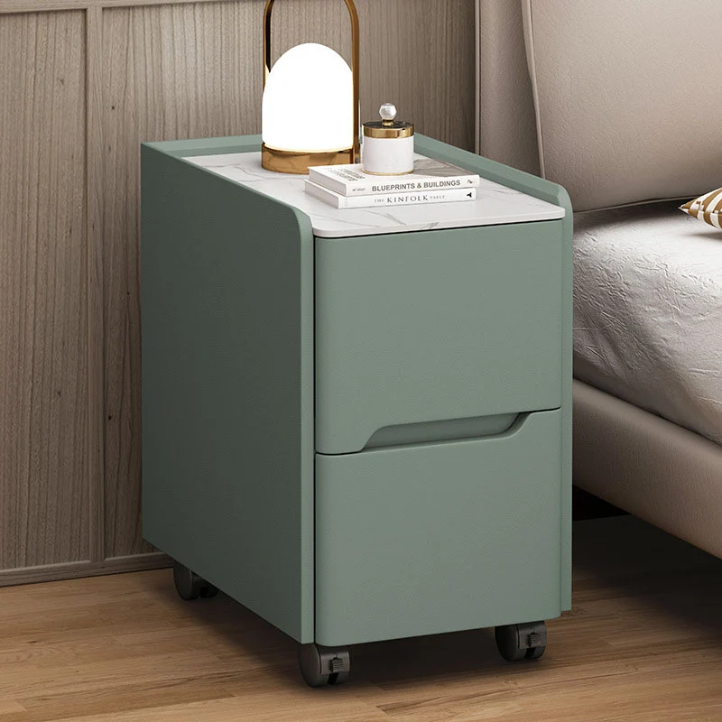 Contemporary Scandinavian Narrow Rectangular Rock Slab Pine Wood Plywood Cat Scratching Leather Hardware Movable Nightstand 2-Drawer For Bedroom