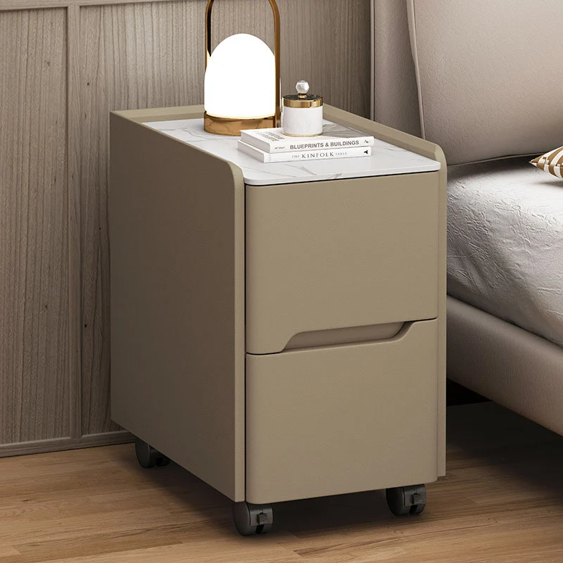 Contemporary Scandinavian Narrow Rectangular Rock Slab Pine Wood Plywood Cat Scratching Leather Hardware Movable Nightstand 2-Drawer For Bedroom