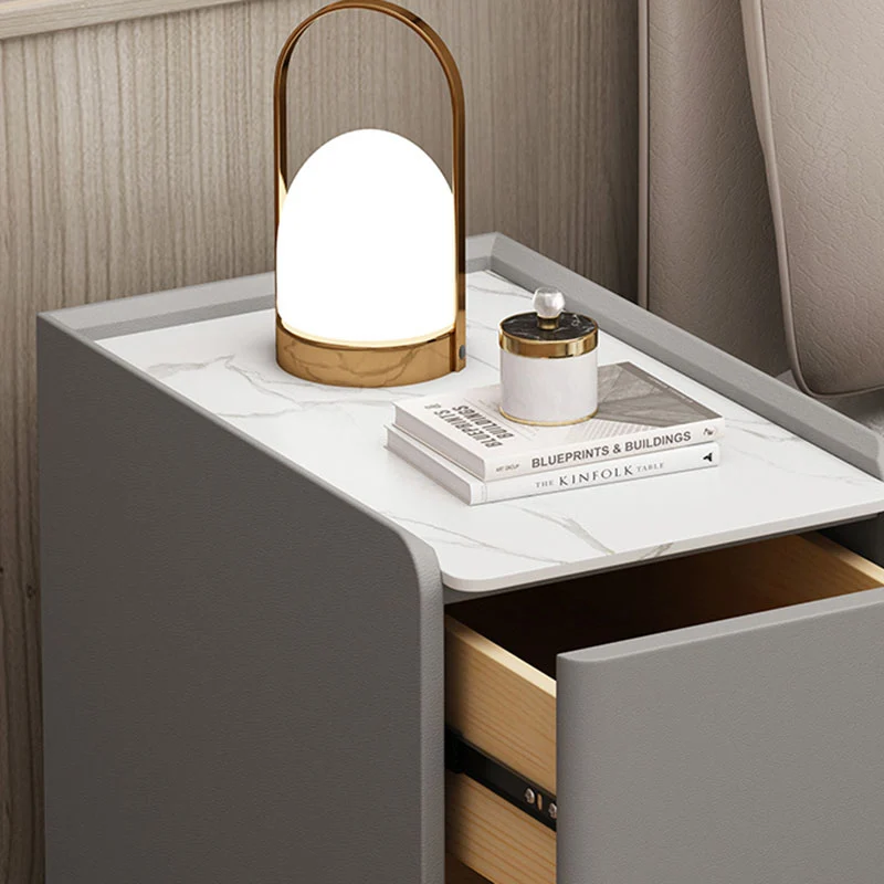 Contemporary Scandinavian Narrow Rectangular Rock Slab Pine Wood Plywood Cat Scratching Leather Hardware Movable Nightstand 2-Drawer For Bedroom