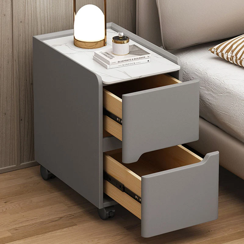 Contemporary Scandinavian Narrow Rectangular Rock Slab Pine Wood Plywood Cat Scratching Leather Hardware Movable Nightstand 2-Drawer For Bedroom