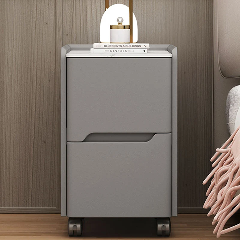 Contemporary Scandinavian Narrow Rectangular Rock Slab Pine Wood Plywood Cat Scratching Leather Hardware Movable Nightstand 2-Drawer For Bedroom