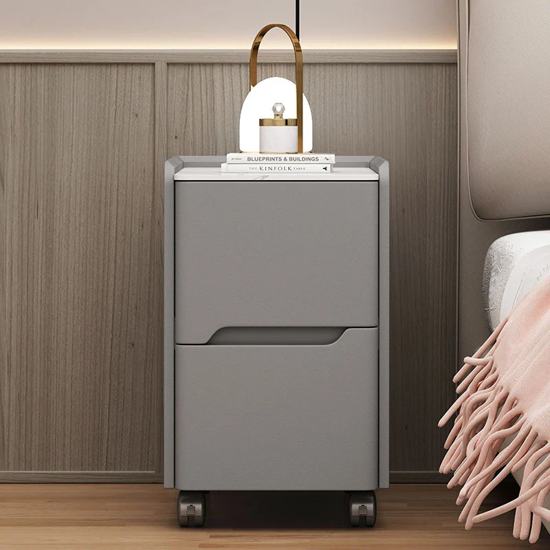 Contemporary Scandinavian Narrow Rectangular Rock Slab Pine Wood Plywood Cat Scratching Leather Hardware Movable Nightstand 2-Drawer For Bedroom
