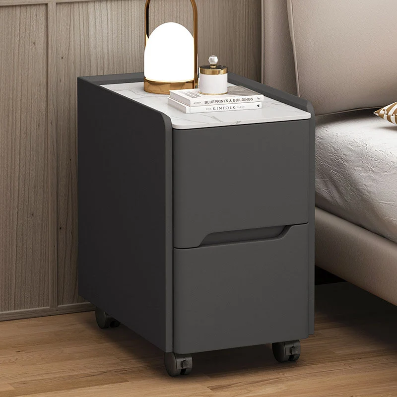 Contemporary Scandinavian Narrow Rectangular Rock Slab Pine Wood Plywood Cat Scratching Leather Hardware Movable Nightstand 2-Drawer For Bedroom