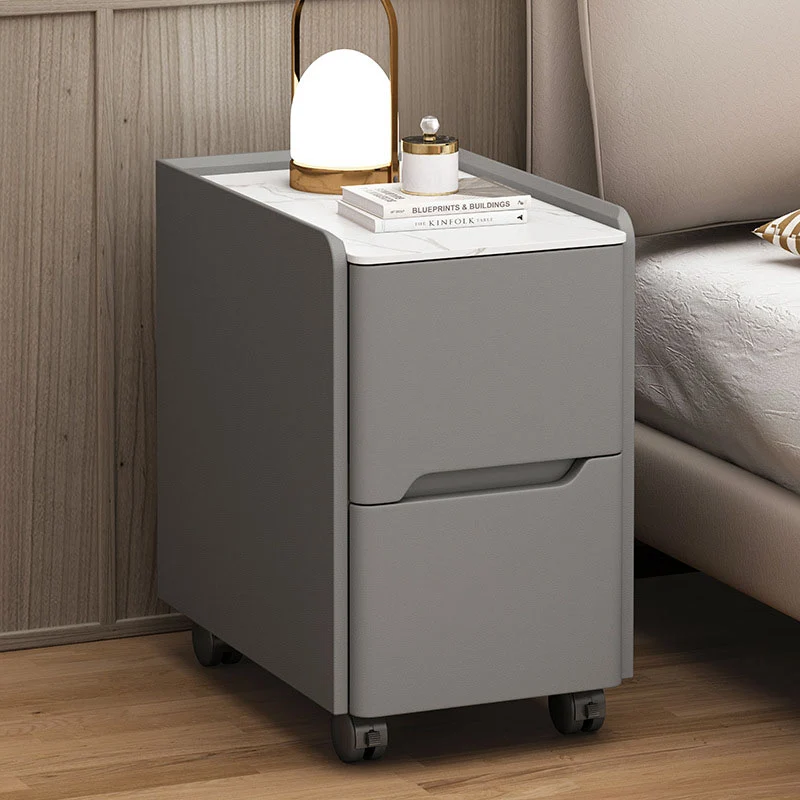 Contemporary Scandinavian Narrow Rectangular Rock Slab Pine Wood Plywood Cat Scratching Leather Hardware Movable Nightstand 2-Drawer For Bedroom