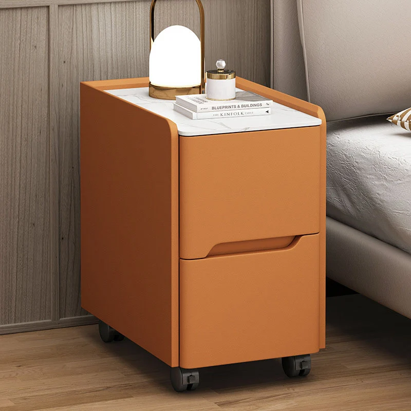 Contemporary Scandinavian Narrow Rectangular Rock Slab Pine Wood Plywood Cat Scratching Leather Hardware Movable Nightstand 2-Drawer For Bedroom
