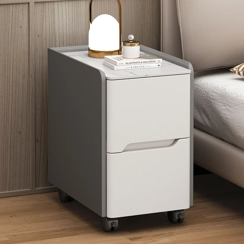 Contemporary Scandinavian Narrow Rectangular Rock Slab Pine Wood Plywood Cat Scratching Leather Hardware Movable Nightstand 2-Drawer For Bedroom