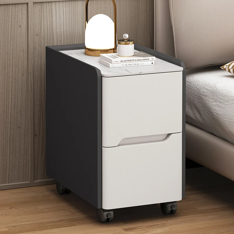Contemporary Scandinavian Narrow Rectangular Rock Slab Pine Wood Plywood Cat Scratching Leather Hardware Movable Nightstand 2-Drawer For Bedroom