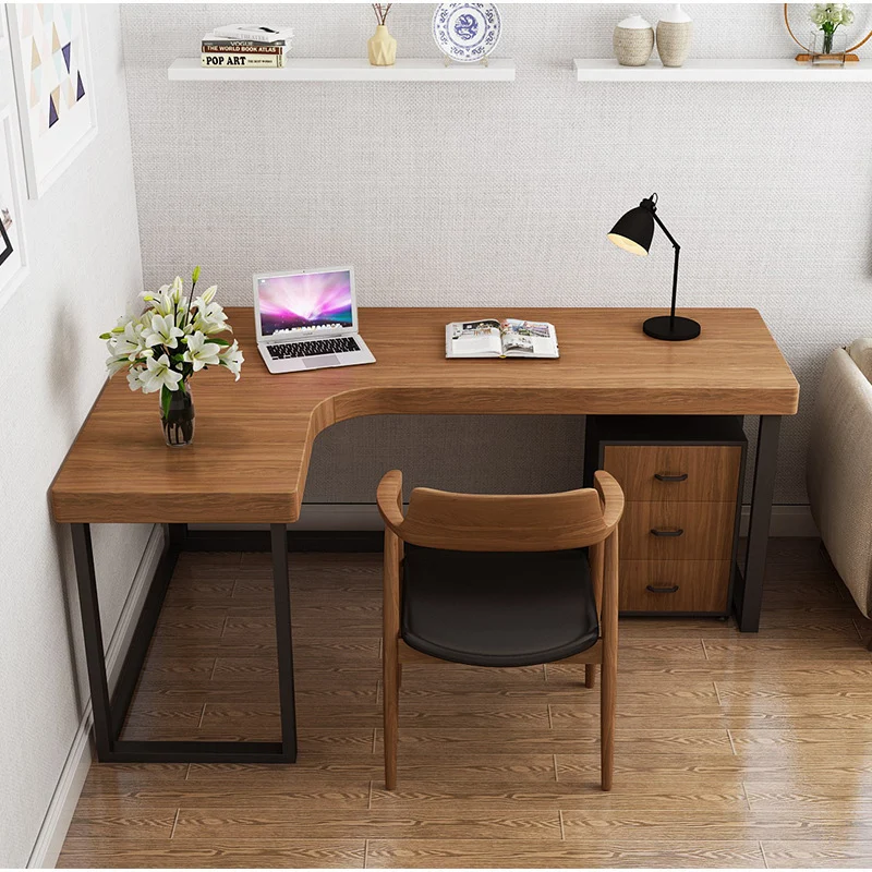 Modern Minimalist Pine Wood Plywood Iron PU Leather White Ash Wood L-Shaped Rectangular Desk & Chair Set 3-Drawer For Home & Office