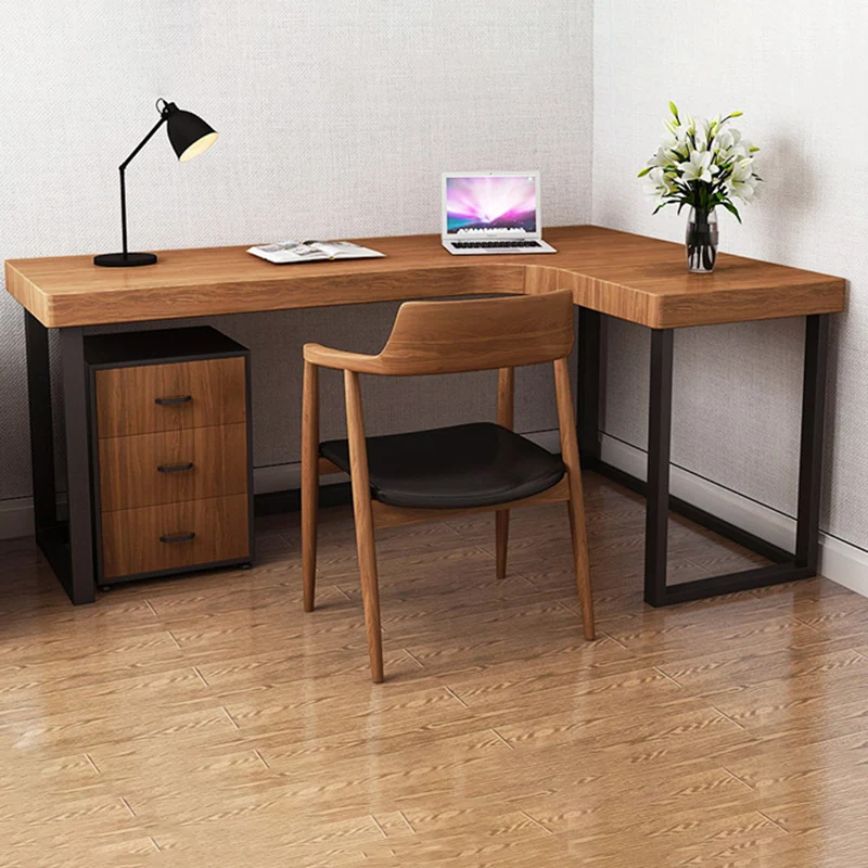 Modern Minimalist Pine Wood Plywood Iron PU Leather White Ash Wood L-Shaped Rectangular Desk & Chair Set 3-Drawer For Home & Office