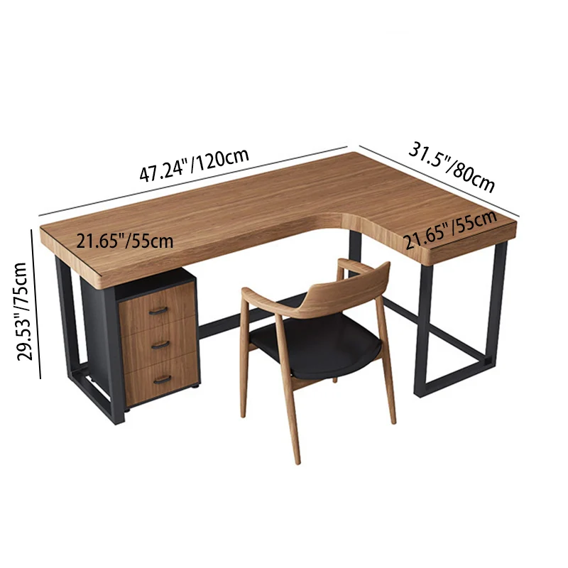 Modern Minimalist Pine Wood Plywood Iron PU Leather White Ash Wood L-Shaped Rectangular Desk & Chair Set 3-Drawer For Home & Office