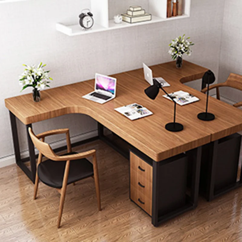 Modern Minimalist Pine Wood Plywood Iron PU Leather White Ash Wood L-Shaped Rectangular Desk & Chair Set 3-Drawer For Home & Office