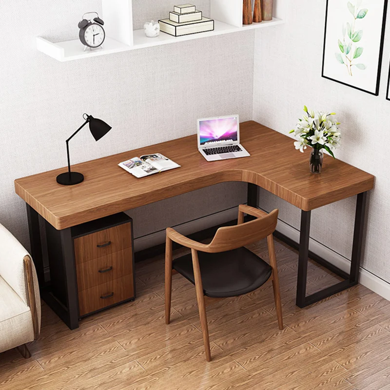 Modern Minimalist Pine Wood Plywood Iron PU Leather White Ash Wood L-Shaped Rectangular Desk & Chair Set 3-Drawer For Home & Office