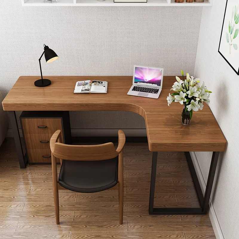 Modern Minimalist Pine Wood Plywood Iron PU Leather White Ash Wood L-Shaped Rectangular Desk & Chair Set 3-Drawer For Home & Office