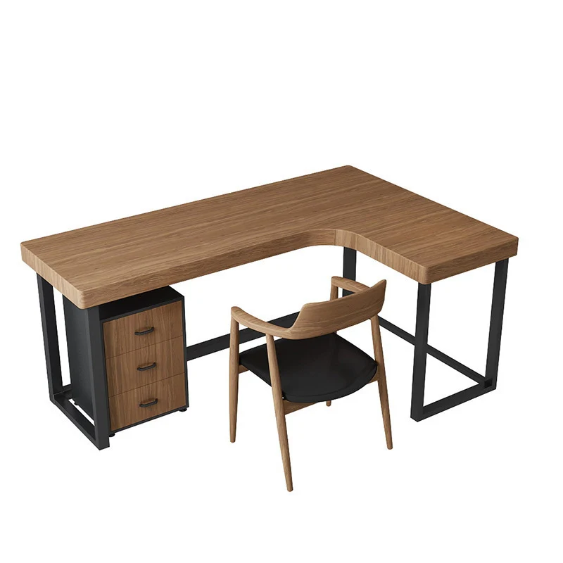 Modern Minimalist Pine Wood Plywood Iron PU Leather White Ash Wood L-Shaped Rectangular Desk & Chair Set 3-Drawer For Home & Office