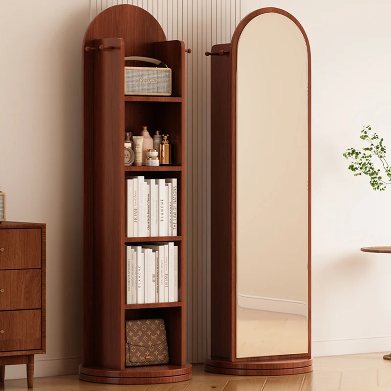 Modern Minimalist MDF Glass Arched Bookshelf 5-Tier Full-Length Mirror Rotating Storage For Bedroom & Living Room