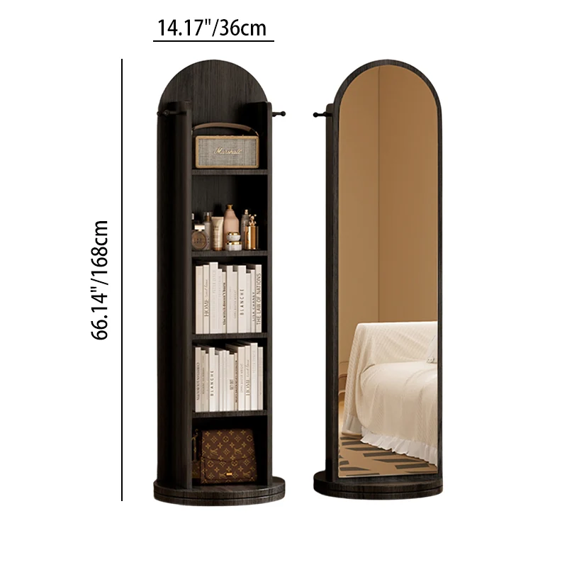 Modern Minimalist MDF Glass Arched Bookshelf 5-Tier Full-Length Mirror Rotating Storage For Bedroom & Living Room