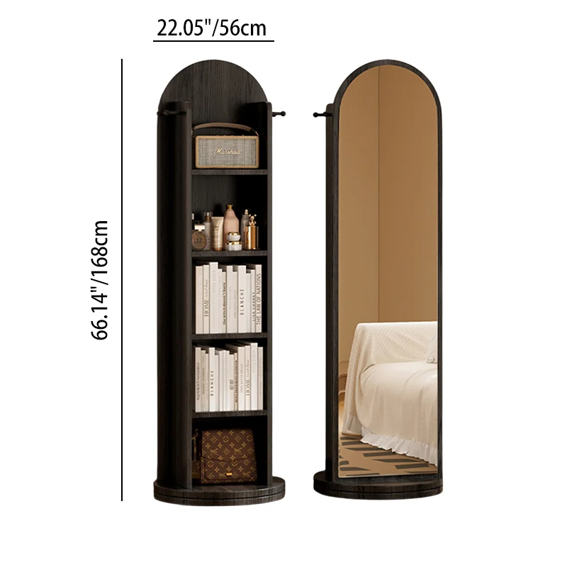 Modern Minimalist MDF Glass Arched Bookshelf 5-Tier Full-Length Mirror Rotating Storage For Bedroom & Living Room