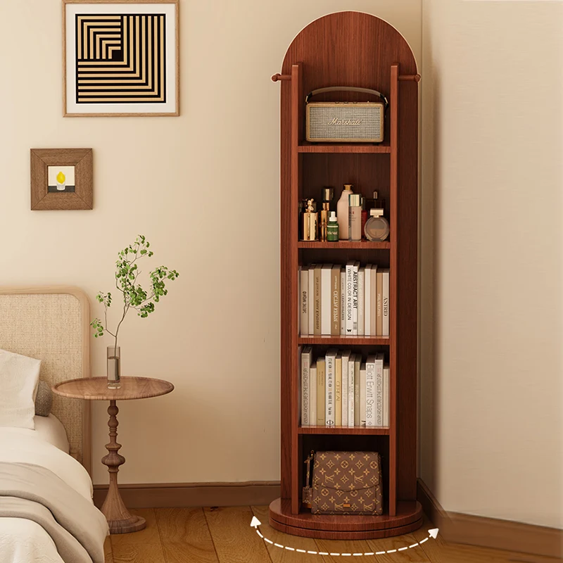 Modern Minimalist MDF Glass Arched Bookshelf 5-Tier Full-Length Mirror Rotating Storage For Bedroom & Living Room