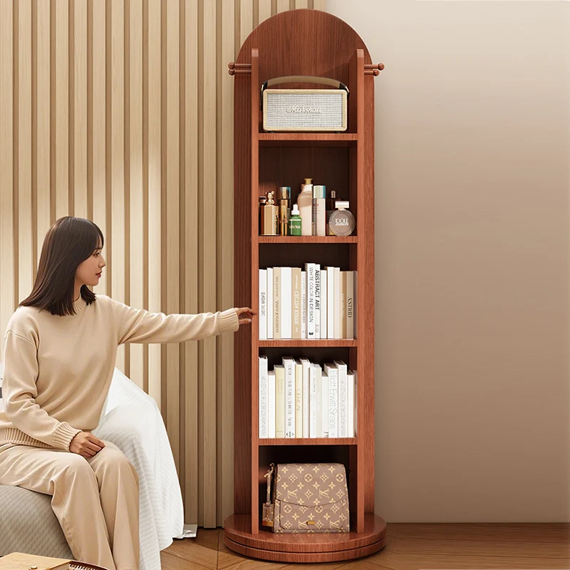 Modern Minimalist MDF Glass Arched Bookshelf 5-Tier Full-Length Mirror Rotating Storage For Bedroom & Living Room