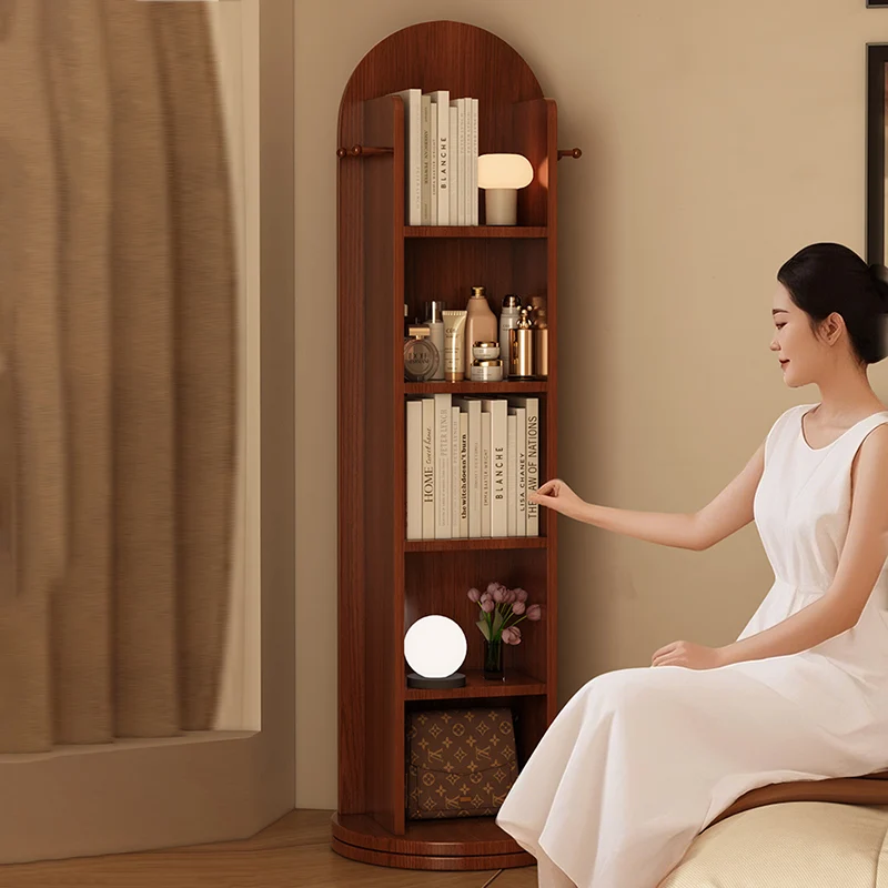 Modern Minimalist MDF Glass Arched Bookshelf 5-Tier Full-Length Mirror Rotating Storage For Bedroom & Living Room