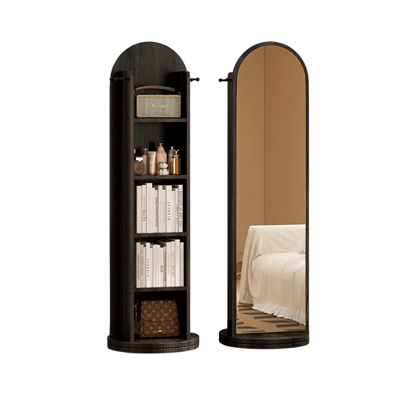 Modern Minimalist MDF Glass Arched Bookshelf 5-Tier Full-Length Mirror Rotating Storage For Bedroom & Living Room