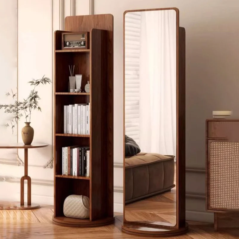 Modern Minimalist HDF Glass Rectangular Swivel Bookshelf 5-Tier With Full-Length Mirror Rotating Storage For Bedroom & Living Room