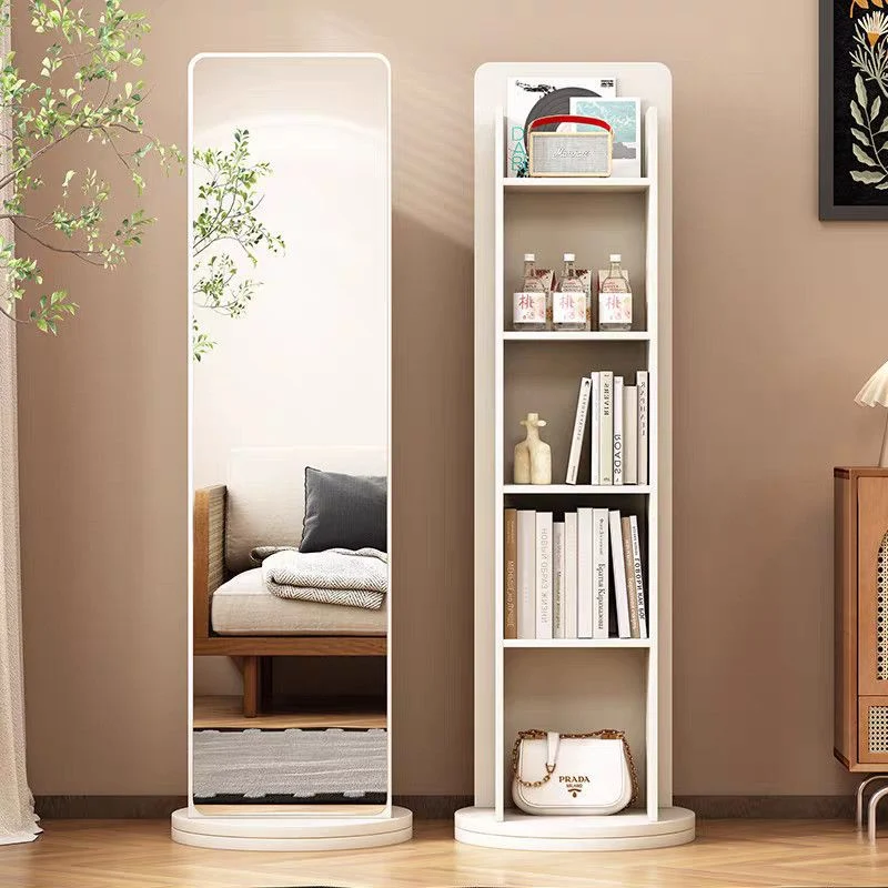 Modern Minimalist HDF Glass Rectangular Swivel Bookshelf 5-Tier With Full-Length Mirror Rotating Storage For Bedroom & Living Room