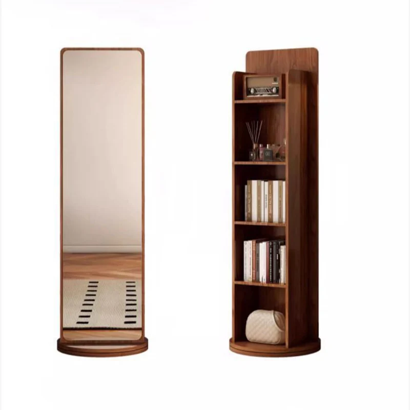 Modern Minimalist HDF Glass Rectangular Swivel Bookshelf 5-Tier With Full-Length Mirror Rotating Storage For Bedroom & Living Room