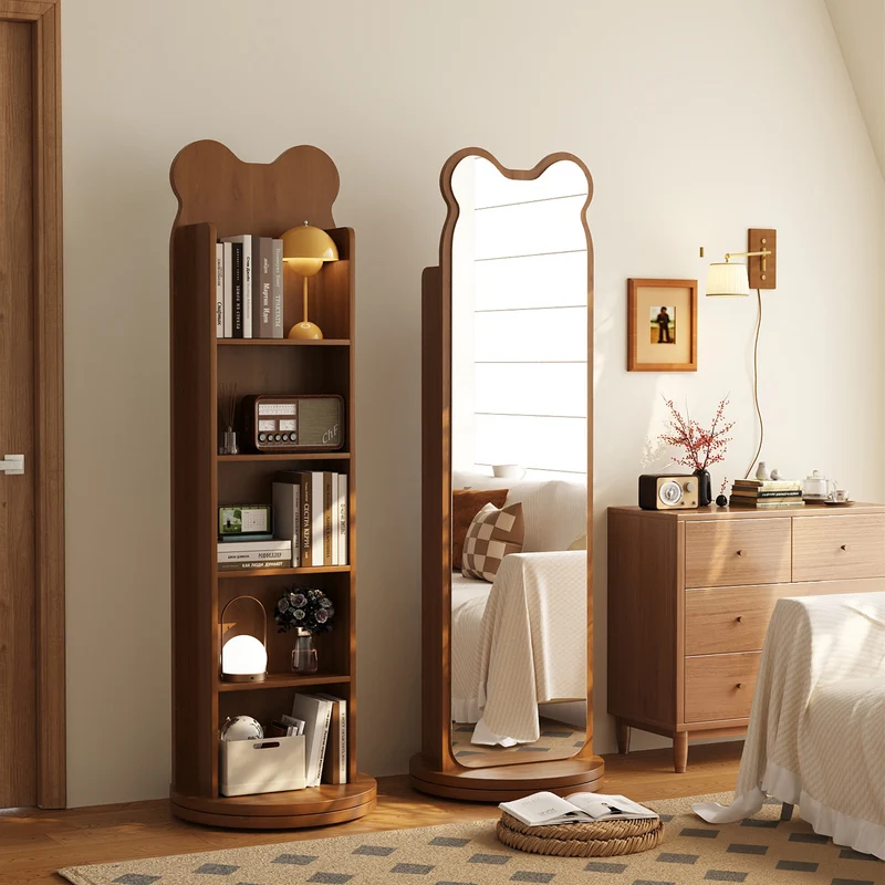 Contemporary Creative Particle Board Glass Bear-Shaped Rectangular Swivel Bookshelf 5-Tier Full-Length Mirror Rotating Storage For Bedroom & Living Room