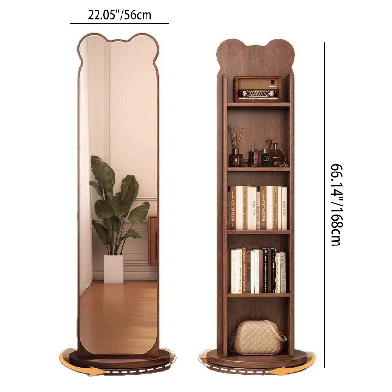 Contemporary Creative Particle Board Glass Bear-Shaped Rectangular Swivel Bookshelf 5-Tier Full-Length Mirror Rotating Storage For Bedroom & Living Room
