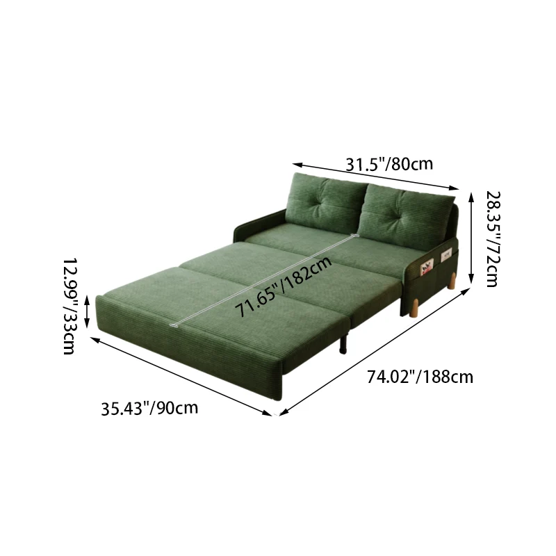 Contemporary Scandinavian Rectangular Corduroy Iron Eucalyptus Wood Leg Bed Folding Convertible Sofa Backrest Armless For Living Room