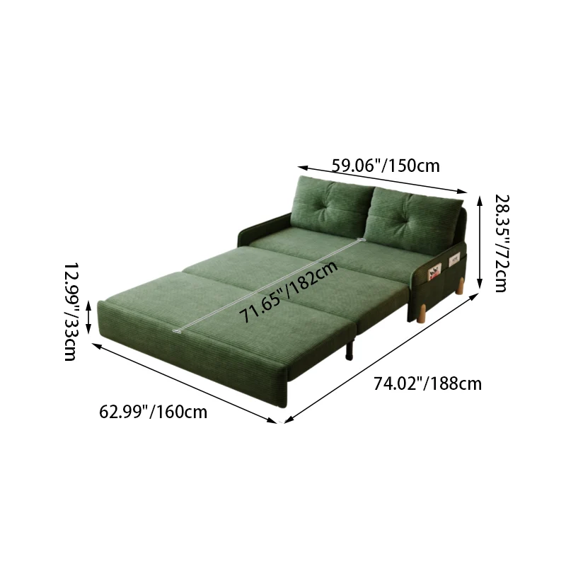 Contemporary Scandinavian Rectangular Corduroy Iron Eucalyptus Wood Leg Bed Folding Convertible Sofa Backrest Armless For Living Room