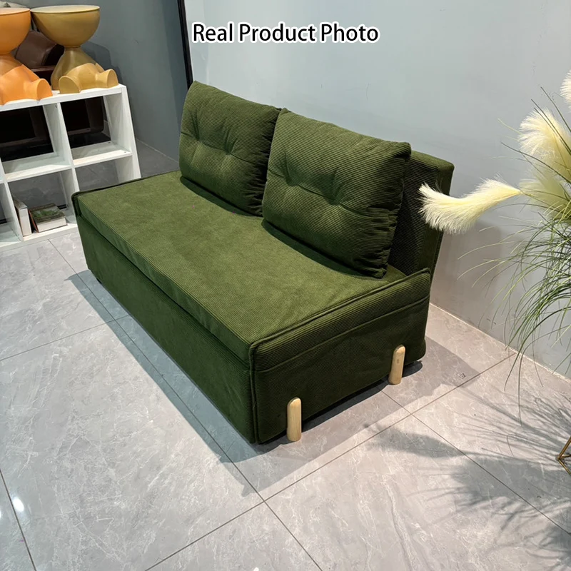 Contemporary Scandinavian Rectangular Corduroy Iron Eucalyptus Wood Leg Bed Folding Convertible Sofa Backrest Armless For Living Room