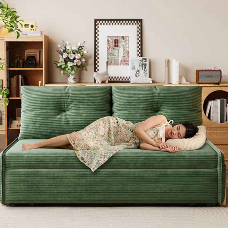 Contemporary Scandinavian Rectangular Corduroy Iron Eucalyptus Wood Leg Bed Folding Convertible Sofa Backrest Armless For Living Room