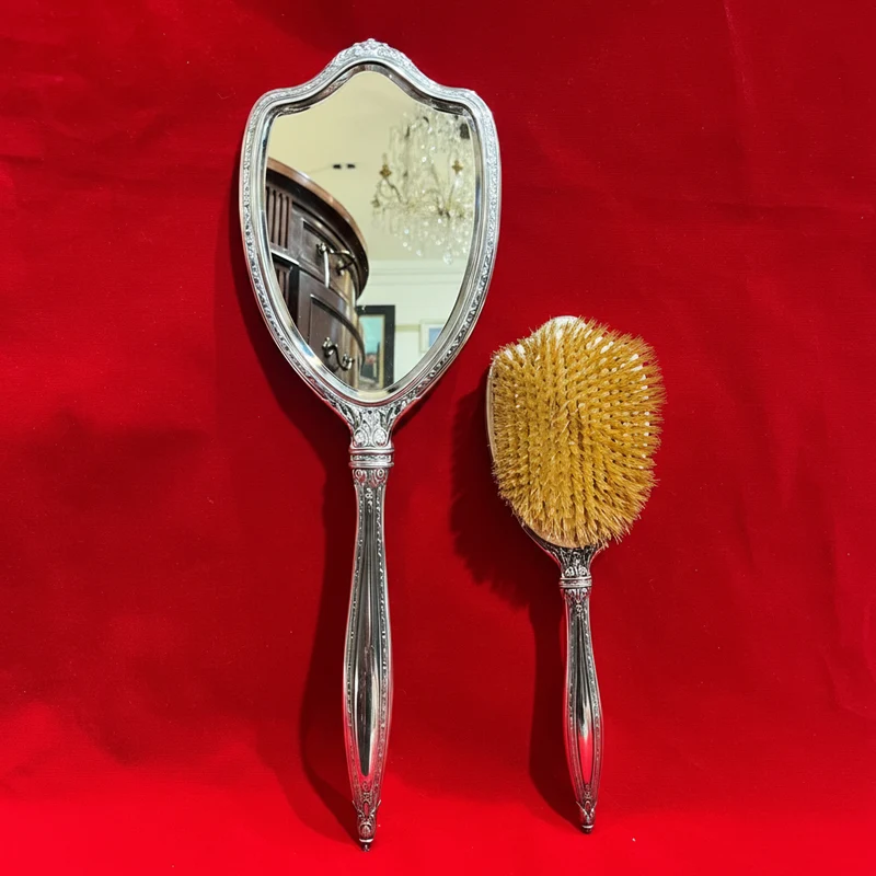 Conjunto espejo de mano y peinador de plata 925 y crin natural marca International Sterling circa 1940