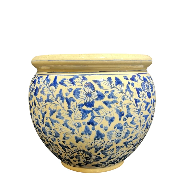 Jardinera de cerámica con ilustración floral azul mediados s.XX