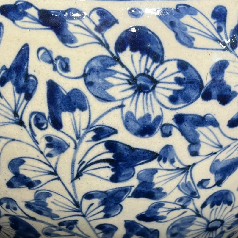 Jardinera de cerámica con ilustración floral azul mediados s.XX