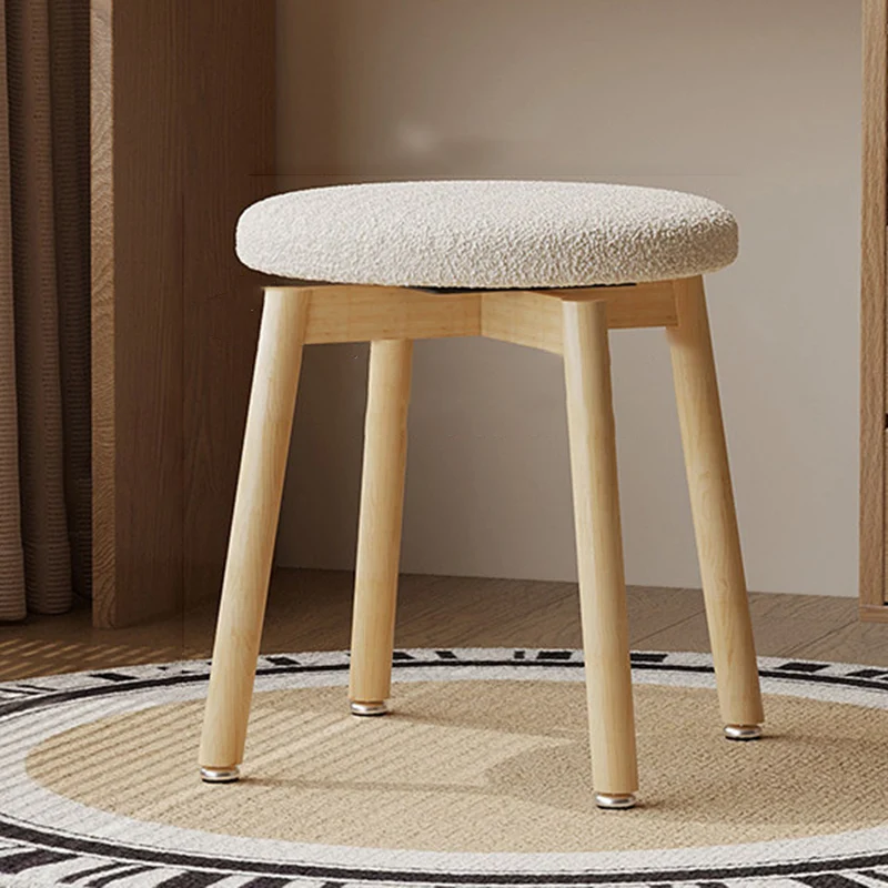 Contemporary Nordic Sherpa Fabric Beech Wood Round Rotatable Lightweight Vanity Stool Backless Armless For Living Room & Bedroom