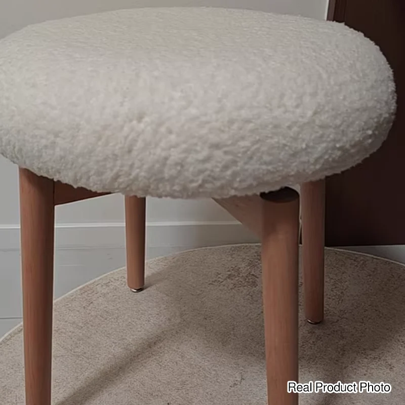 Contemporary Nordic Sherpa Fabric Beech Wood Round Rotatable Lightweight Vanity Stool Backless Armless For Living Room & Bedroom