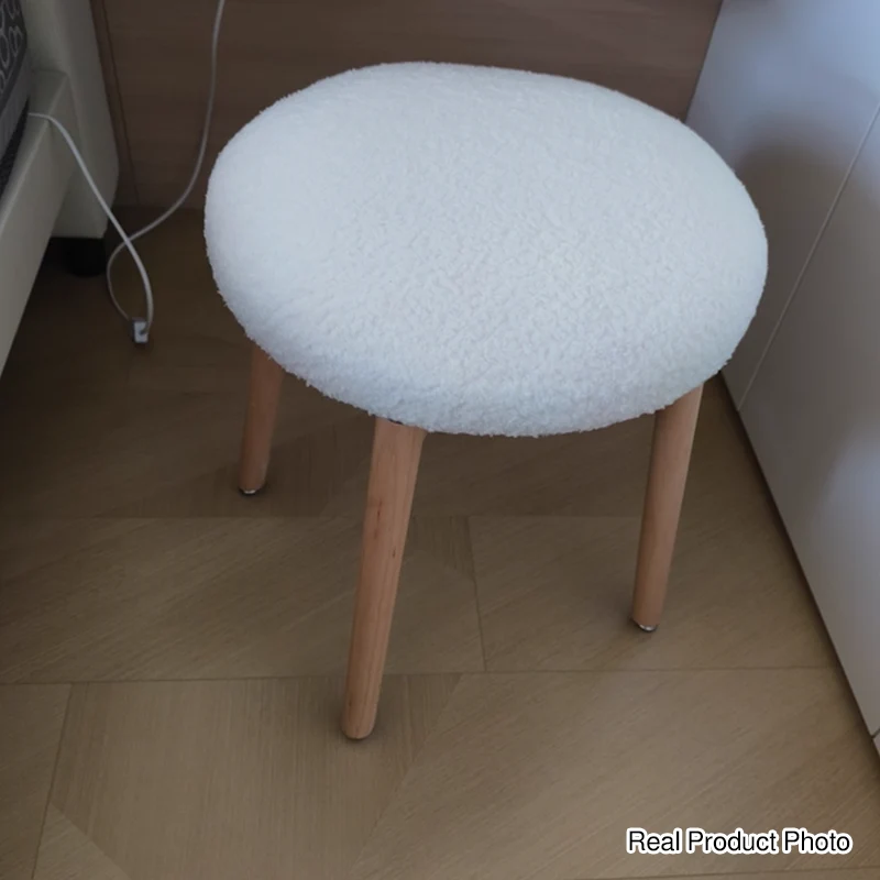 Contemporary Nordic Sherpa Fabric Beech Wood Round Rotatable Lightweight Vanity Stool Backless Armless For Living Room & Bedroom