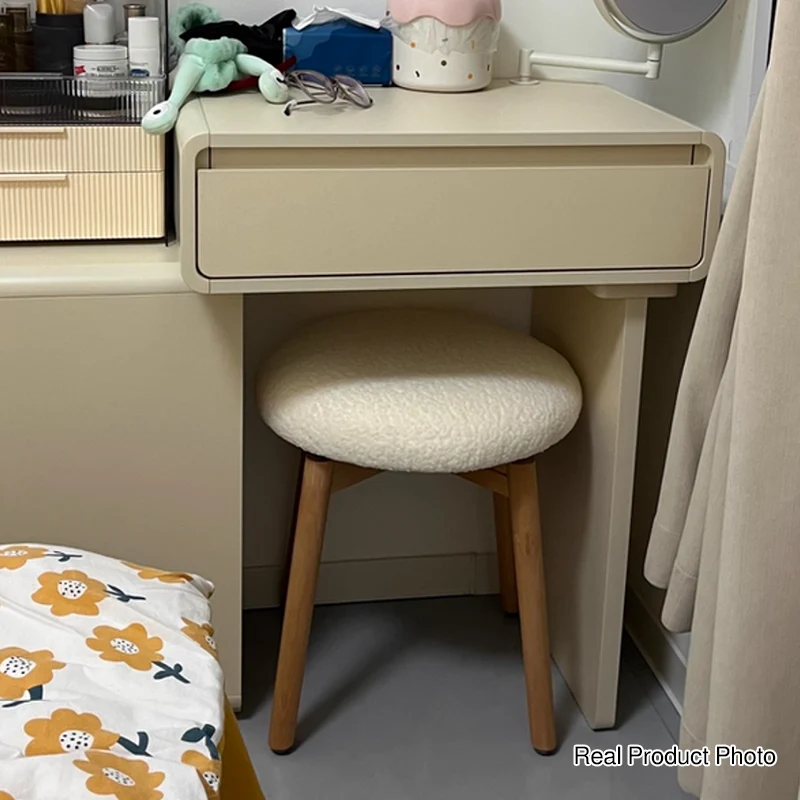 Contemporary Nordic Sherpa Fabric Beech Wood Round Rotatable Lightweight Vanity Stool Backless Armless For Living Room & Bedroom