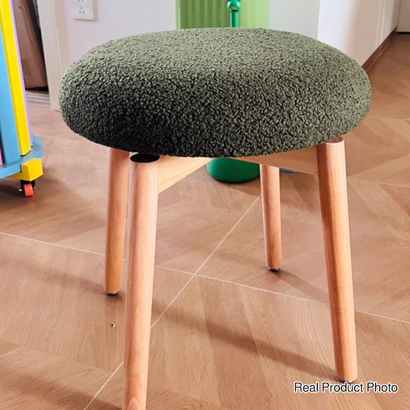 Contemporary Nordic Sherpa Fabric Beech Wood Round Rotatable Lightweight Vanity Stool Backless Armless For Living Room & Bedroom