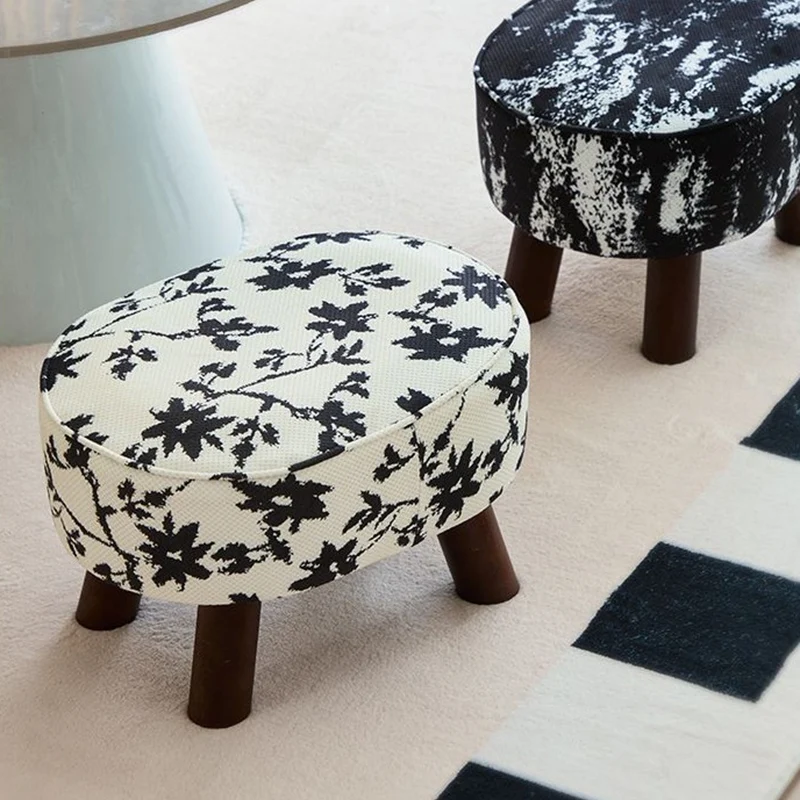 Traditional Chinese Fabric Pine Wood Round Cylindrical Low Stool For Living Room