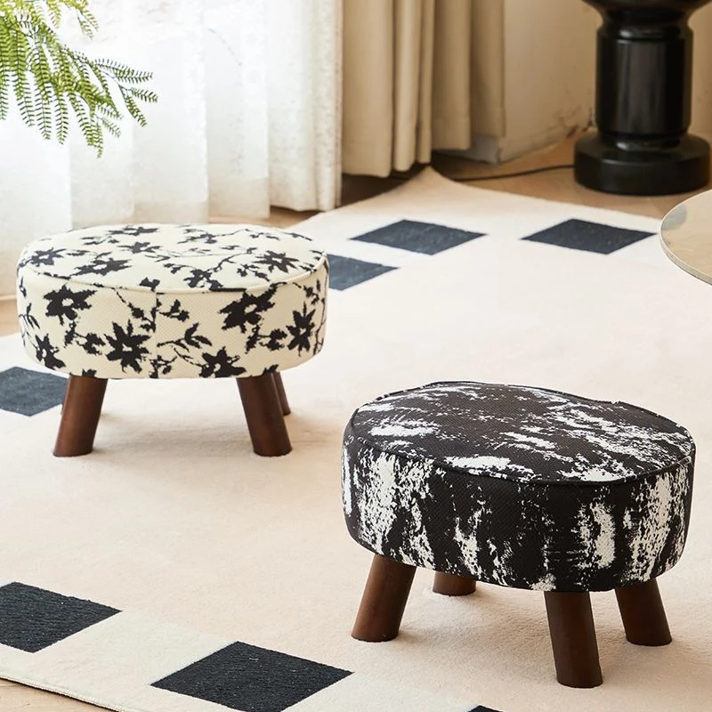 Traditional Chinese Fabric Pine Wood Round Cylindrical Low Stool For Living Room