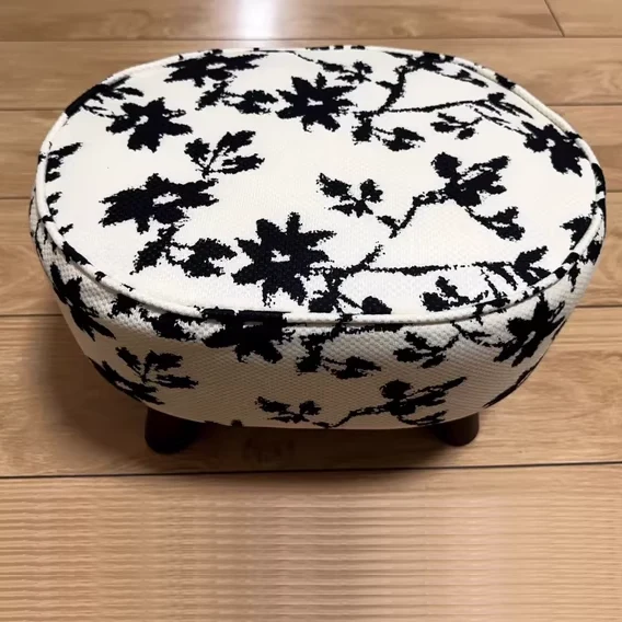 Traditional Chinese Fabric Pine Wood Round Cylindrical Low Stool For Living Room