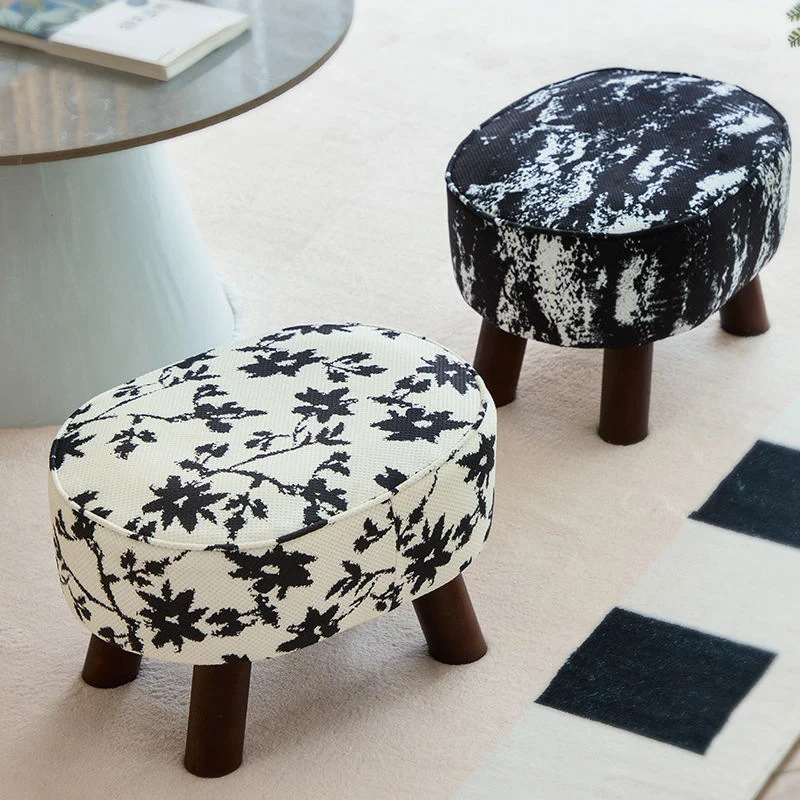 Traditional Chinese Fabric Pine Wood Round Cylindrical Low Stool For Living Room